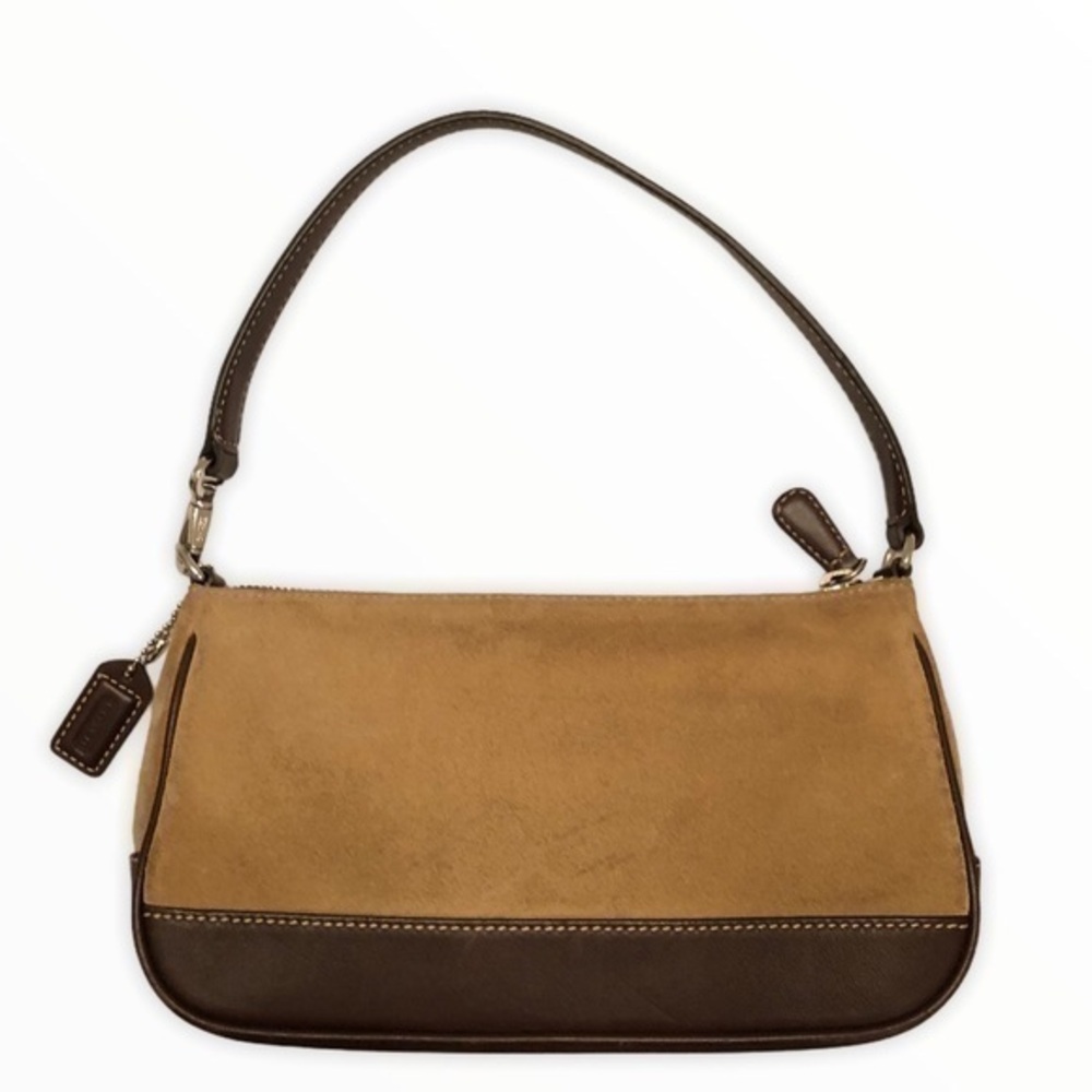 Coach tan suede brown leather mini bag baguette